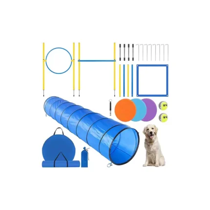 RAIN QUEEN Dog Agility Training Equipment - Dog Obstacle Course Training Starter Kit - Pet Outdoor Games with Tunnel, Weave Poles, Adjustable Hurdle, Jump Ring, Pause Box, Toys and Carrying Bag